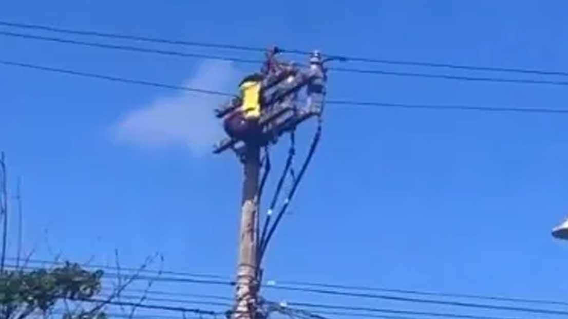 Homem sobe em poste, toma choque e cai no meio da rua