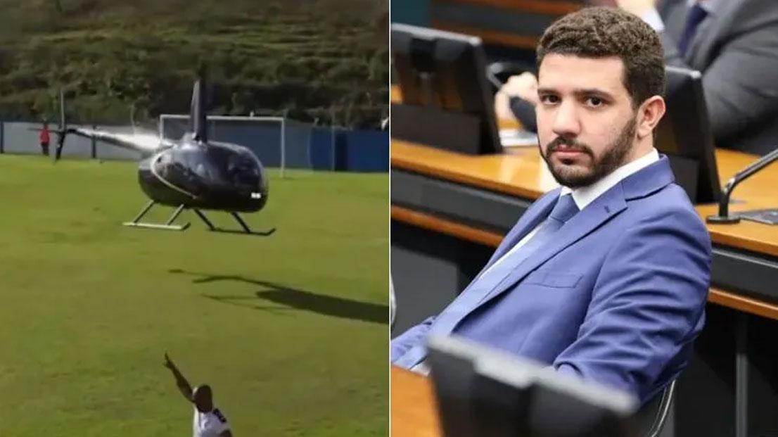 Helicóptero pousa em campo durante partida de futebol para embarque de deputado baiano Neto Carletto