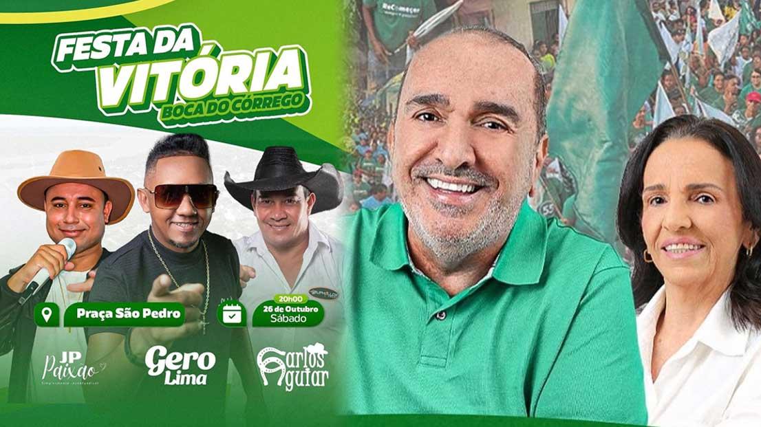 Festa da Vitória de Iêdo Elias e Alice Brito em Boca do Córrego conta com shows de JP Paixão, Gero Lima e Carlos Aguiar