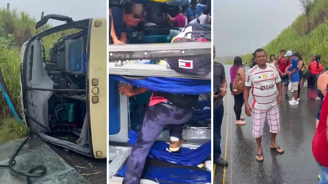 Ônibus que seguia de Porto Seguro para Vitória da Conquista tomba na BA-680 e deixa várias pessoas feridas