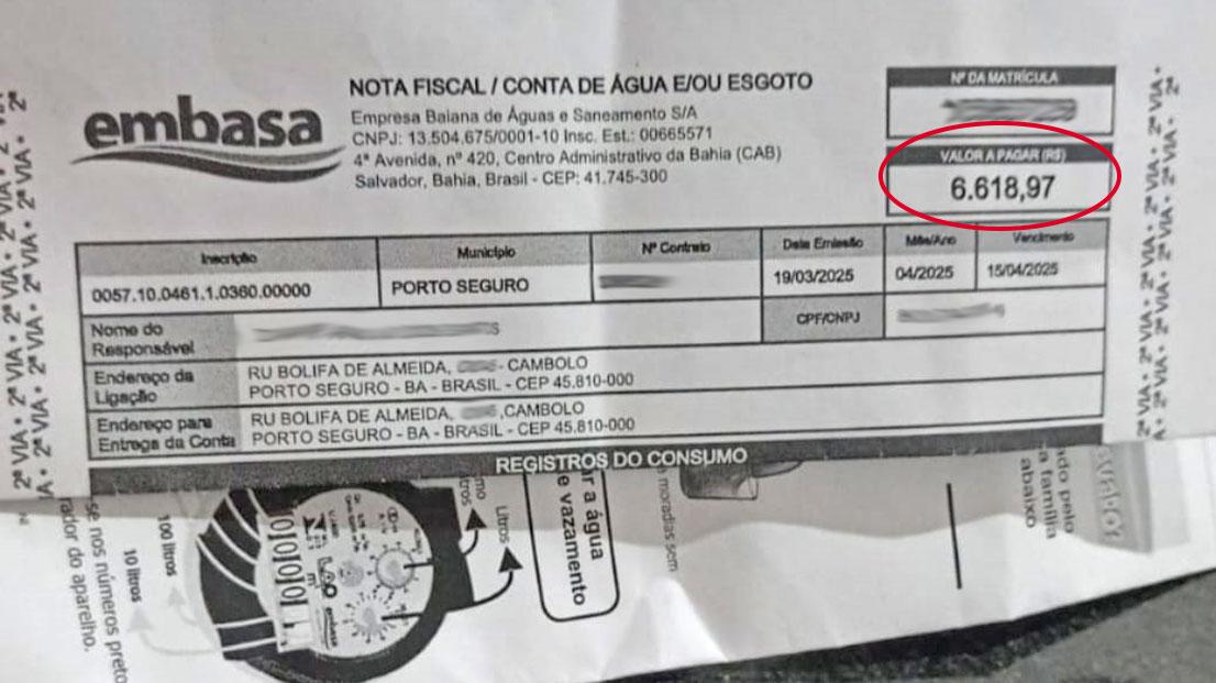 Moradores do Cambolo em Porto Seguro denunciam contas de água abusivas que ultrapassam 6 mil reais