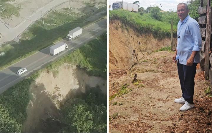 Cratera próxima da BR-101 em Mascote coloca em risco a vida de caminhoneiros e transeuntes; Ex-candidato denuncia o descaso; Veja