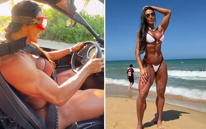 De biquíni, Gracyanne Barbosa dirige buggy e mostra corpão sarado em Trancoso; Veja vídeos