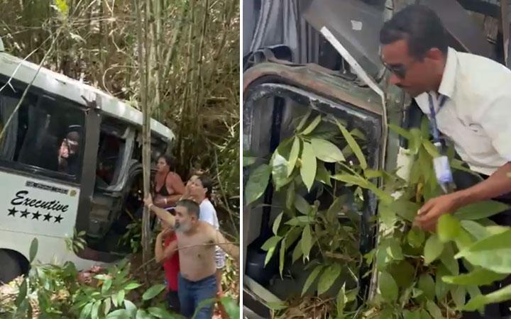 Grave acidente: Ônibus da Águia Azul tomba em ribanceira na estrada de Trancoso; Veja vídeo