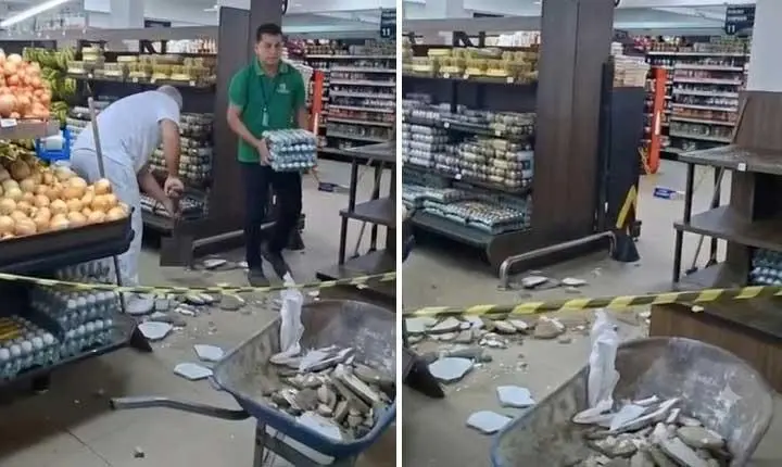 Cliente fica ferida após teto desabar dentro de supermercado em Arraial d'Ajuda; Veja vídeo