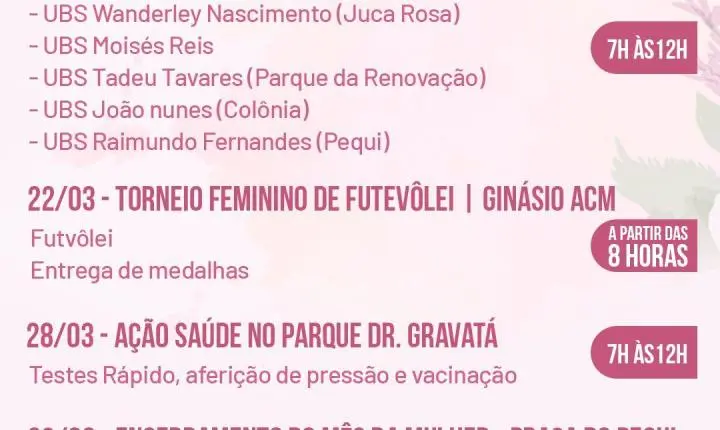 Mês da Mulher: Prefeitura divulga programação especial. Abertura  acontece neste domingo, na Praça do Pequi, às 8h; Confira