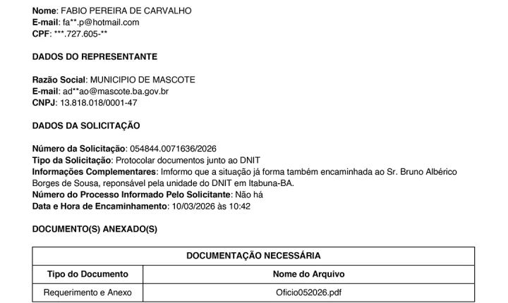 Prefeitura de Mascote cobra providência urgente do DNIT após rompimento parcial na BR-101, km 615