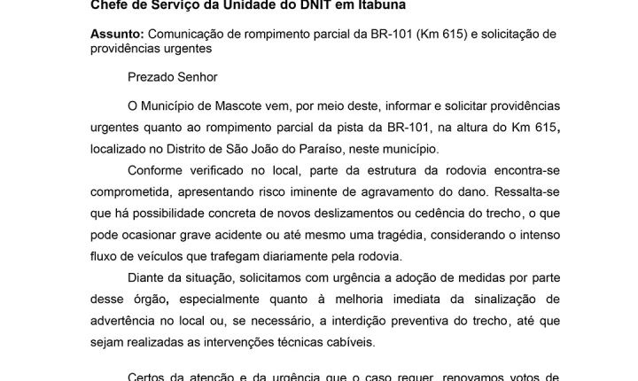 Prefeitura de Mascote cobra providência urgente do DNIT após rompimento parcial na BR-101, km 615